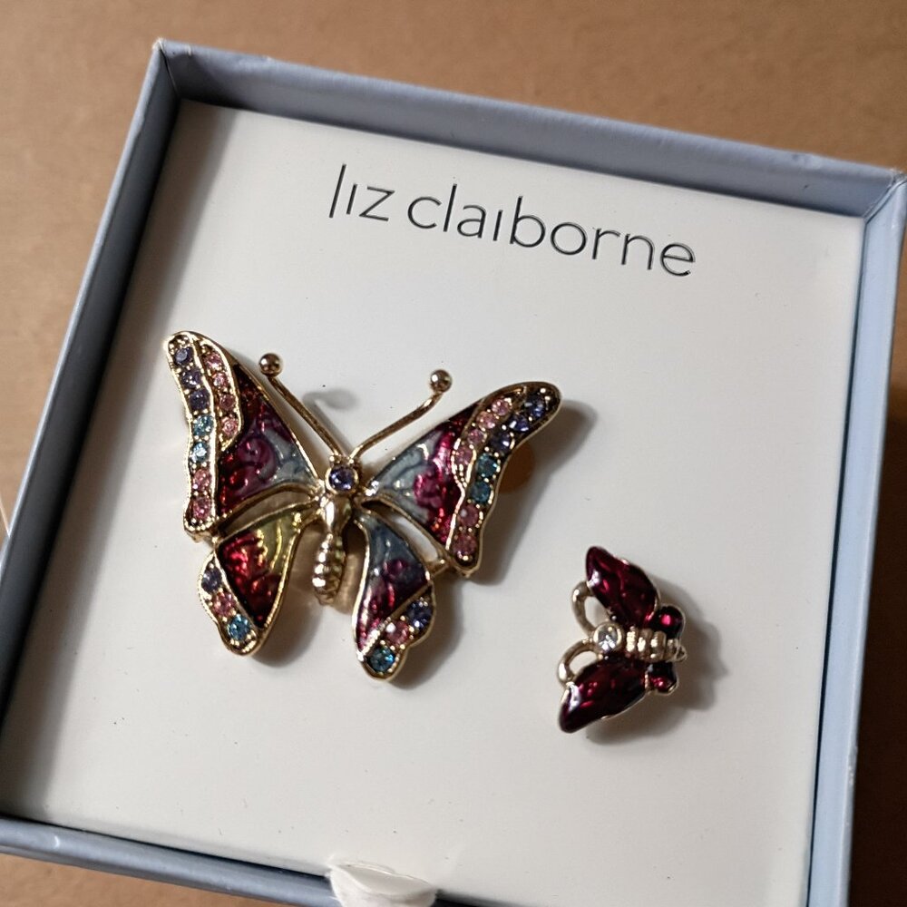 Liz Claiborne Butterfly Brooch and Pin Set Costume Jewelry Purple Blue Fairycore